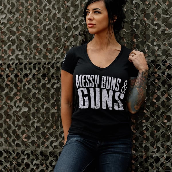 Grunt Style Messy Buns amp Guns Womens VNeck TShirtBlack