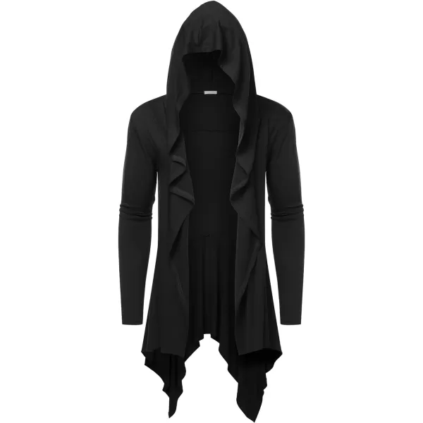 COOFANDY Long Hooded Cardigan Ruffle Shawl Collar Open Front Lightweight Drape Cape Overcoat with Pockets