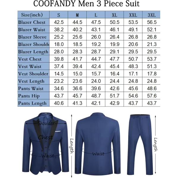 COOFANDY Men 3 Piece Suit Slim Fit Tuxedo One Button Prom Suits Blazer Jacket Vest Pants with Tie