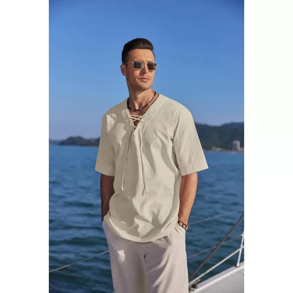 COOFANDY Men Cotton Linen Shirts Lace Up Short Sleeve Beach Shirts V Neck Hippie Yoga Boho Renaissance Tunic