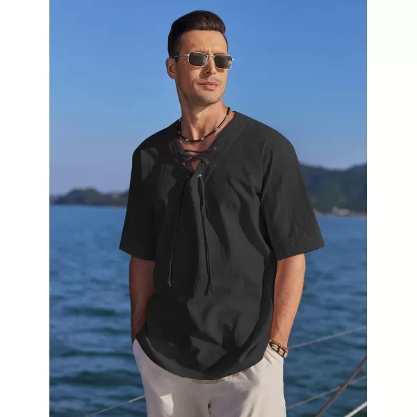 COOFANDY Men Cotton Linen Shirts Lace Up Short Sleeve Beach Shirts V Neck Hippie Yoga Boho Renaissance Tunic