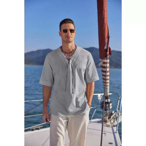 COOFANDY Men Cotton Linen Shirts Lace Up Short Sleeve Beach Shirts V Neck Hippie Yoga Boho Renaissance Tunic