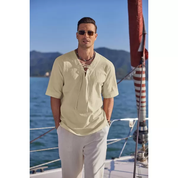 COOFANDY Men Cotton Linen Shirts Lace Up Short Sleeve Beach Shirts V Neck Hippie Yoga Boho Renaissance Tunic