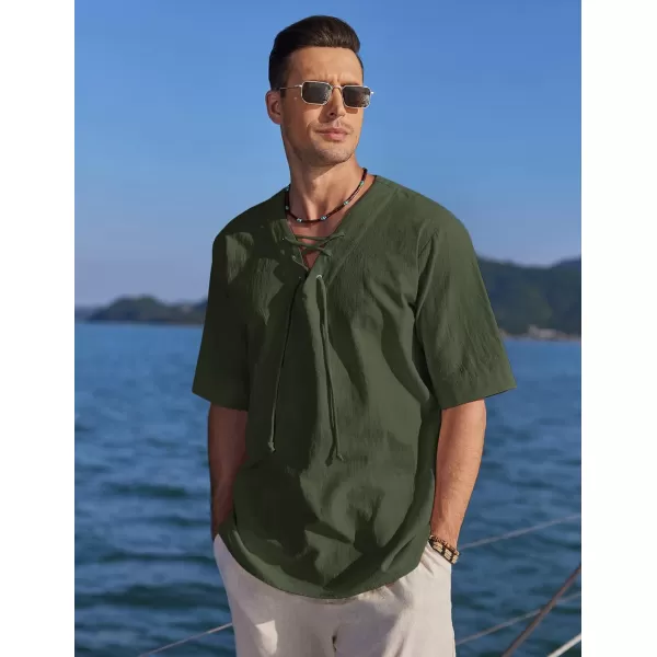 COOFANDY Men Cotton Linen Shirts Lace Up Short Sleeve Beach Shirts V Neck Hippie Yoga Boho Renaissance Tunic