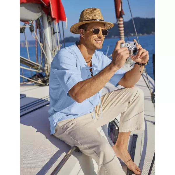 COOFANDY Men Cotton Linen Shirts Lace Up Short Sleeve Beach Shirts V Neck Hippie Yoga Boho Renaissance Tunic