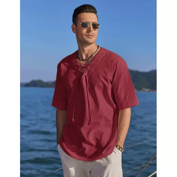COOFANDY Men Cotton Linen Shirts Lace Up Short Sleeve Beach Shirts V Neck Hippie Yoga Boho Renaissance Tunic