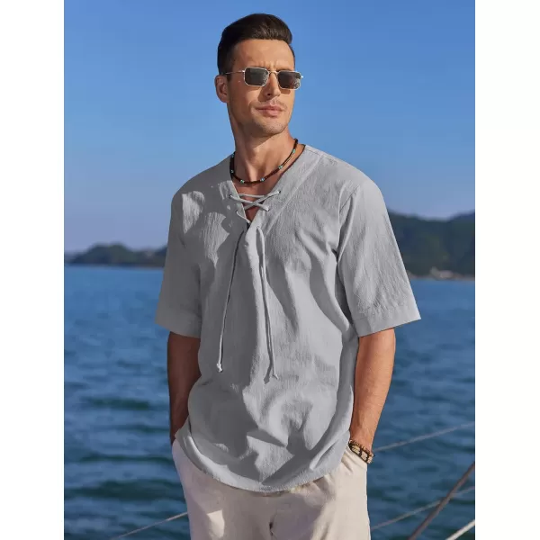 COOFANDY Men Cotton Linen Shirts Lace Up Short Sleeve Beach Shirts V Neck Hippie Yoga Boho Renaissance Tunic