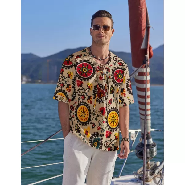 COOFANDY Men Cotton Linen Shirts Lace Up Short Sleeve Beach Shirts V Neck Hippie Yoga Boho Renaissance Tunic