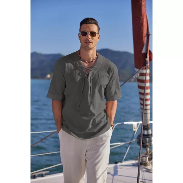 COOFANDY Men Cotton Linen Shirts Lace Up Short Sleeve Beach Shirts V Neck Hippie Yoga Boho Renaissance Tunic