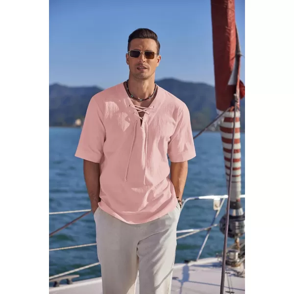 COOFANDY Men Cotton Linen Shirts Lace Up Short Sleeve Beach Shirts V Neck Hippie Yoga Boho Renaissance Tunic