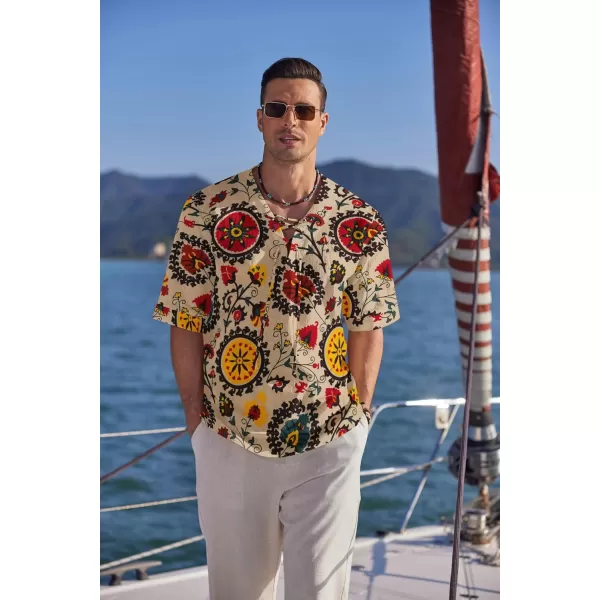 COOFANDY Men Cotton Linen Shirts Lace Up Short Sleeve Beach Shirts V Neck Hippie Yoga Boho Renaissance Tunic