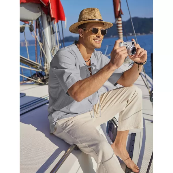 COOFANDY Men Cotton Linen Shirts Lace Up Short Sleeve Beach Shirts V Neck Hippie Yoga Boho Renaissance Tunic