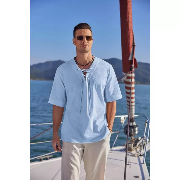 COOFANDY Men Cotton Linen Shirts Lace Up Short Sleeve Beach Shirts V Neck Hippie Yoga Boho Renaissance Tunic