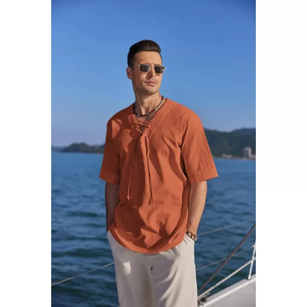 COOFANDY Men Cotton Linen Shirts Lace Up Short Sleeve Beach Shirts V Neck Hippie Yoga Boho Renaissance Tunic