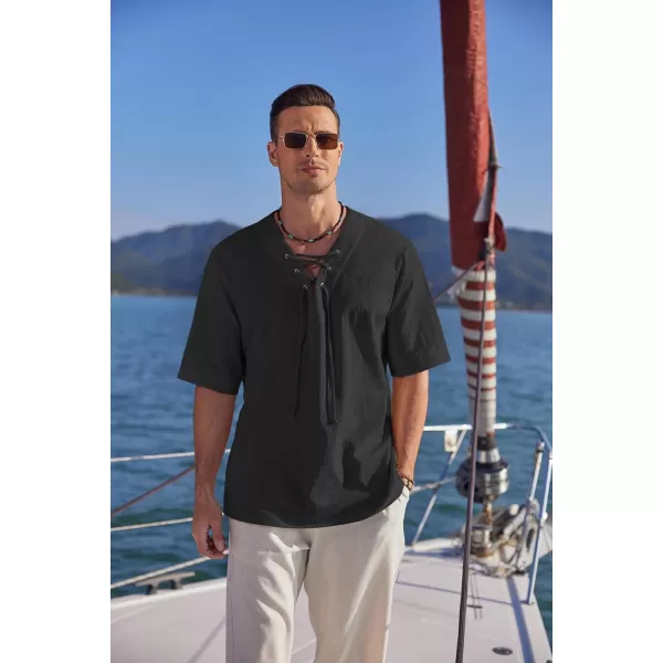 COOFANDY Men Cotton Linen Shirts Lace Up Short Sleeve Beach Shirts V Neck Hippie Yoga Boho Renaissance Tunic