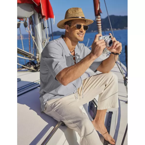 COOFANDY Men Cotton Linen Shirts Lace Up Short Sleeve Beach Shirts V Neck Hippie Yoga Boho Renaissance Tunic