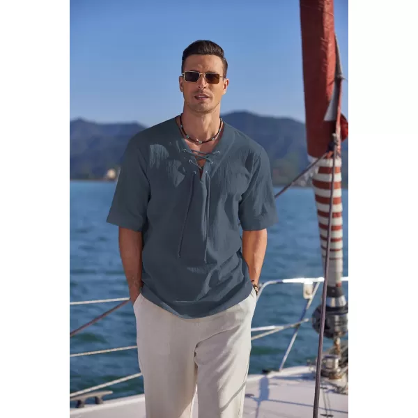 COOFANDY Men Cotton Linen Shirts Lace Up Short Sleeve Beach Shirts V Neck Hippie Yoga Boho Renaissance Tunic
