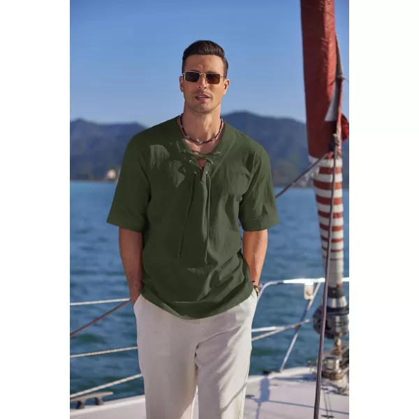 COOFANDY Men Cotton Linen Shirts Lace Up Short Sleeve Beach Shirts V Neck Hippie Yoga Boho Renaissance Tunic