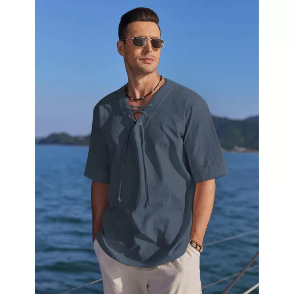 COOFANDY Men Cotton Linen Shirts Lace Up Short Sleeve Beach Shirts V Neck Hippie Yoga Boho Renaissance Tunic