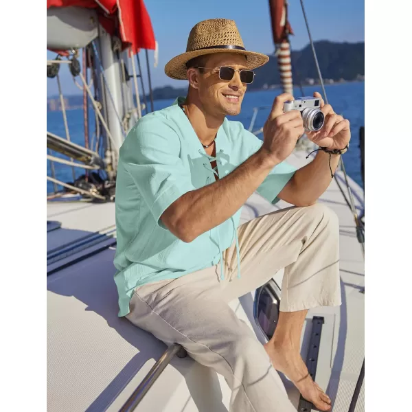 COOFANDY Men Cotton Linen Shirts Lace Up Short Sleeve Beach Shirts V Neck Hippie Yoga Boho Renaissance Tunic