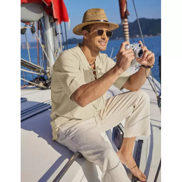 COOFANDY Men Cotton Linen Shirts Lace Up Short Sleeve Beach Shirts V Neck Hippie Yoga Boho Renaissance Tunic