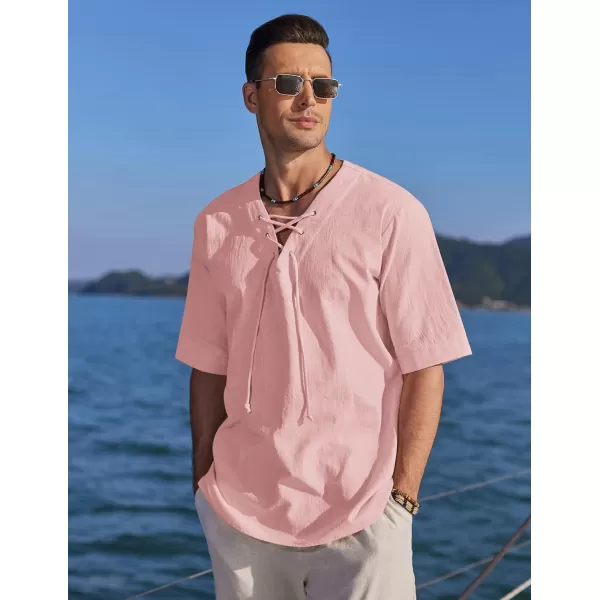COOFANDY Men Cotton Linen Shirts Lace Up Short Sleeve Beach Shirts V Neck Hippie Yoga Boho Renaissance Tunic