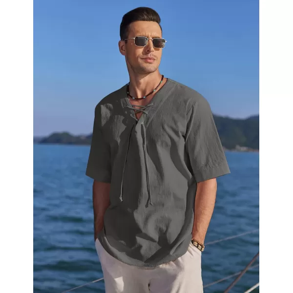 COOFANDY Men Cotton Linen Shirts Lace Up Short Sleeve Beach Shirts V Neck Hippie Yoga Boho Renaissance Tunic