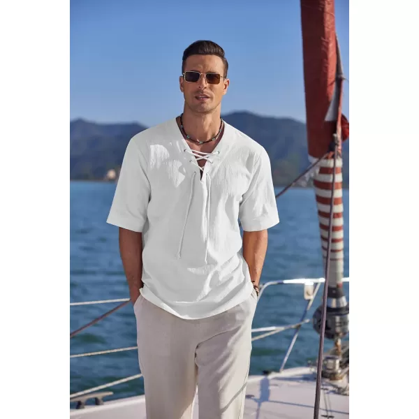 COOFANDY Men Cotton Linen Shirts Lace Up Short Sleeve Beach Shirts V Neck Hippie Yoga Boho Renaissance Tunic