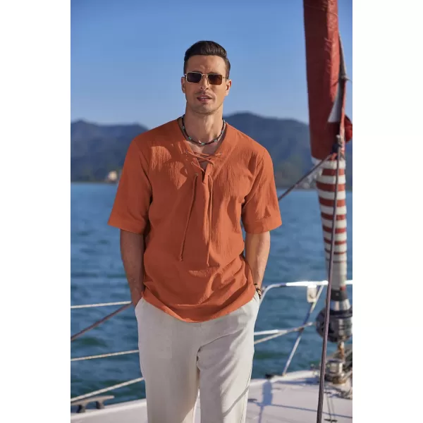 COOFANDY Men Cotton Linen Shirts Lace Up Short Sleeve Beach Shirts V Neck Hippie Yoga Boho Renaissance Tunic
