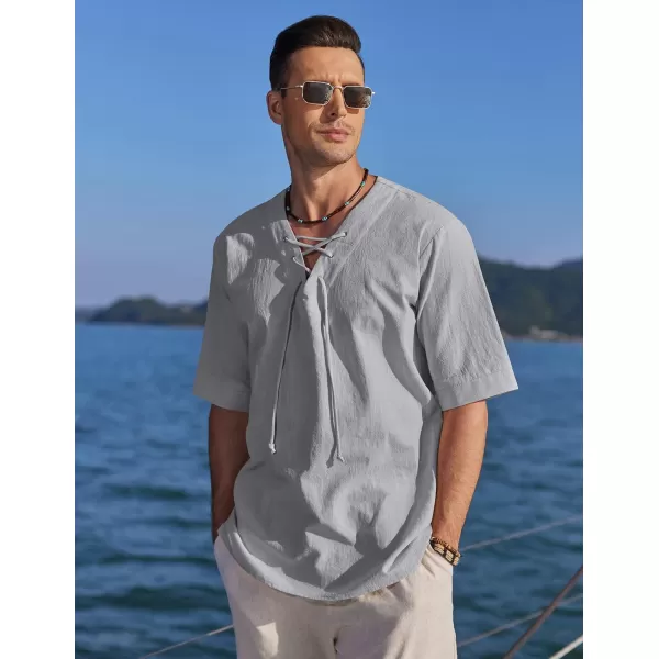 COOFANDY Men Cotton Linen Shirts Lace Up Short Sleeve Beach Shirts V Neck Hippie Yoga Boho Renaissance Tunic