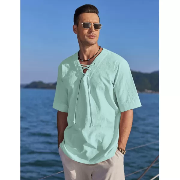 COOFANDY Men Cotton Linen Shirts Lace Up Short Sleeve Beach Shirts V Neck Hippie Yoga Boho Renaissance Tunic