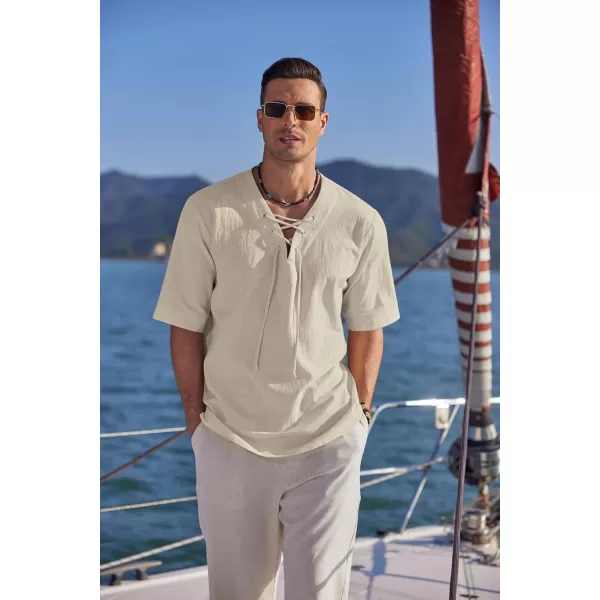 COOFANDY Men Cotton Linen Shirts Lace Up Short Sleeve Beach Shirts V Neck Hippie Yoga Boho Renaissance Tunic
