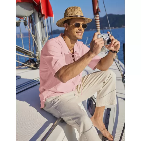 COOFANDY Men Cotton Linen Shirts Lace Up Short Sleeve Beach Shirts V Neck Hippie Yoga Boho Renaissance Tunic