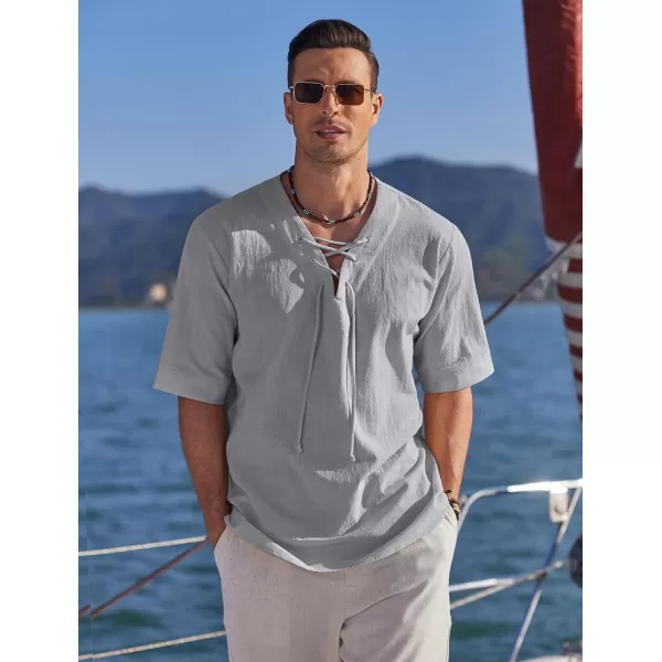 COOFANDY Men Cotton Linen Shirts Lace Up Short Sleeve Beach Shirts V Neck Hippie Yoga Boho Renaissance Tunic