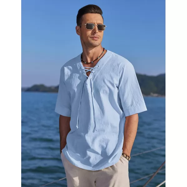 COOFANDY Men Cotton Linen Shirts Lace Up Short Sleeve Beach Shirts V Neck Hippie Yoga Boho Renaissance Tunic