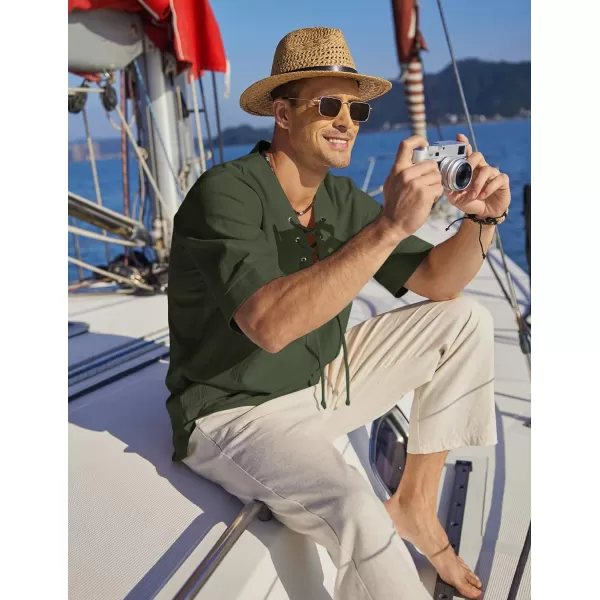 COOFANDY Men Cotton Linen Shirts Lace Up Short Sleeve Beach Shirts V Neck Hippie Yoga Boho Renaissance Tunic