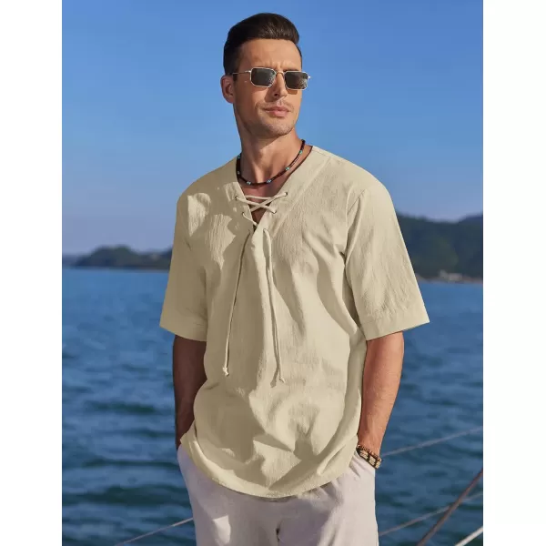 COOFANDY Men Cotton Linen Shirts Lace Up Short Sleeve Beach Shirts V Neck Hippie Yoga Boho Renaissance Tunic