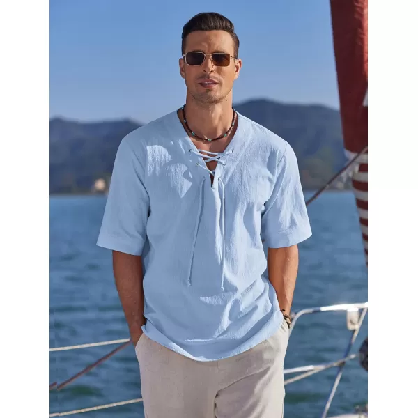 COOFANDY Men Cotton Linen Shirts Lace Up Short Sleeve Beach Shirts V Neck Hippie Yoga Boho Renaissance Tunic