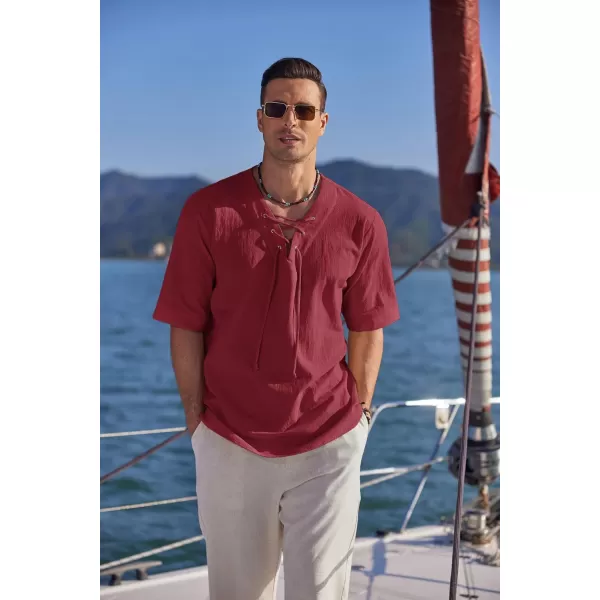 COOFANDY Men Cotton Linen Shirts Lace Up Short Sleeve Beach Shirts V Neck Hippie Yoga Boho Renaissance Tunic