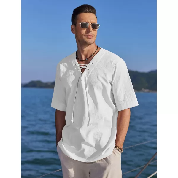 COOFANDY Men Cotton Linen Shirts Lace Up Short Sleeve Beach Shirts V Neck Hippie Yoga Boho Renaissance Tunic