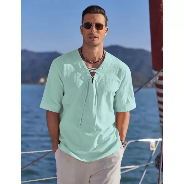 COOFANDY Men Cotton Linen Shirts Lace Up Short Sleeve Beach Shirts V Neck Hippie Yoga Boho Renaissance Tunic