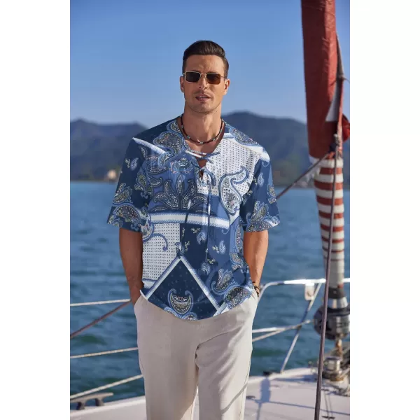 COOFANDY Men Cotton Linen Shirts Lace Up Short Sleeve Beach Shirts V Neck Hippie Yoga Boho Renaissance Tunic