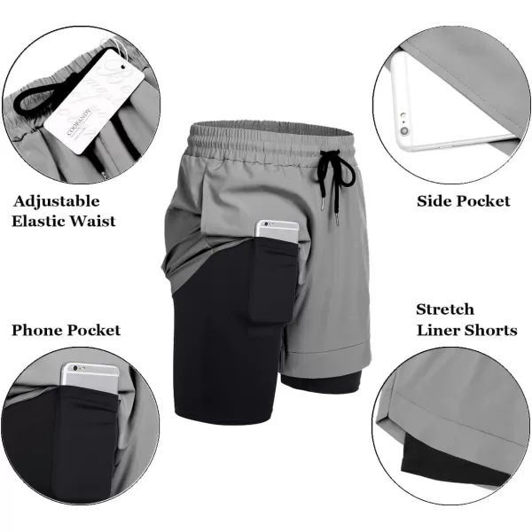 COOFANDY Men's 2 Pack Running Shorts 2 in 1 Workout Shorts Quick Dry Gym Training Athletic Jogger with Phone Pockets