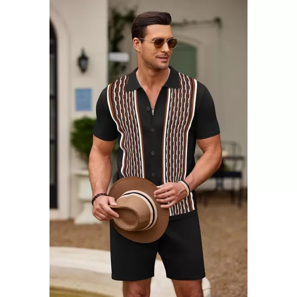 COOFANDY Men's 2 Piece Outfit Vintage Short Sleeve Button Down Knit Polo Shirts Casual Beach Shorts Sets