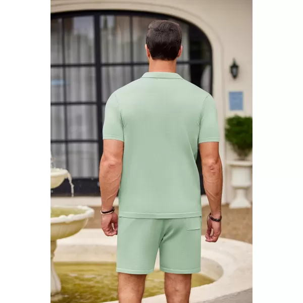 COOFANDY Men's 2 Piece Outfit Vintage Short Sleeve Button Down Knit Polo Shirts Casual Beach Shorts Sets