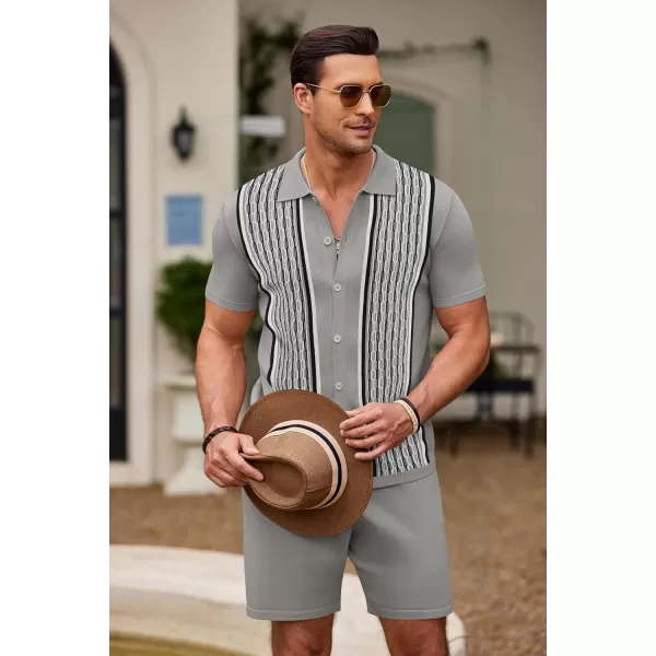 COOFANDY Men's 2 Piece Outfit Vintage Short Sleeve Button Down Knit Polo Shirts Casual Beach Shorts Sets