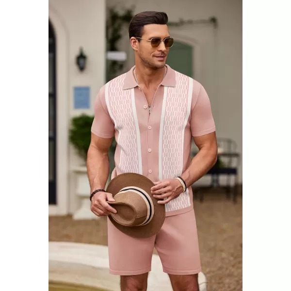 COOFANDY Men's 2 Piece Outfit Vintage Short Sleeve Button Down Knit Polo Shirts Casual Beach Shorts Sets