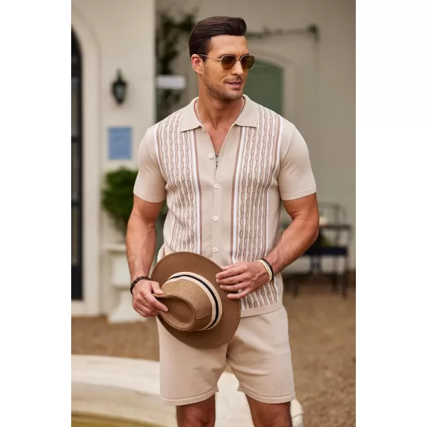 COOFANDY Men's 2 Piece Outfit Vintage Short Sleeve Button Down Knit Polo Shirts Casual Beach Shorts Sets