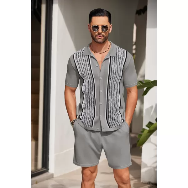 COOFANDY Men's 2 Piece Outfit Vintage Short Sleeve Button Down Knit Polo Shirts Casual Beach Shorts Sets