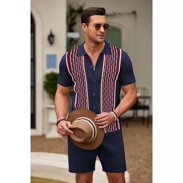 COOFANDY Men's 2 Piece Outfit Vintage Short Sleeve Button Down Knit Polo Shirts Casual Beach Shorts Sets